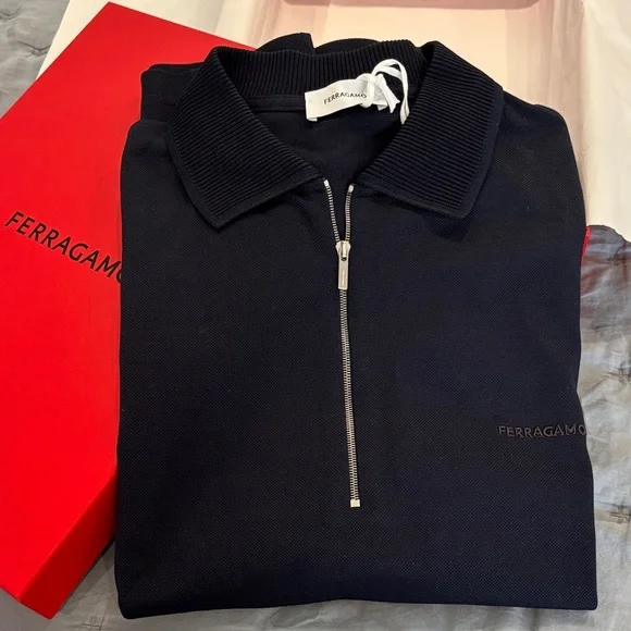 Salvatore Ferragamo Navy Polo with Silver Zip